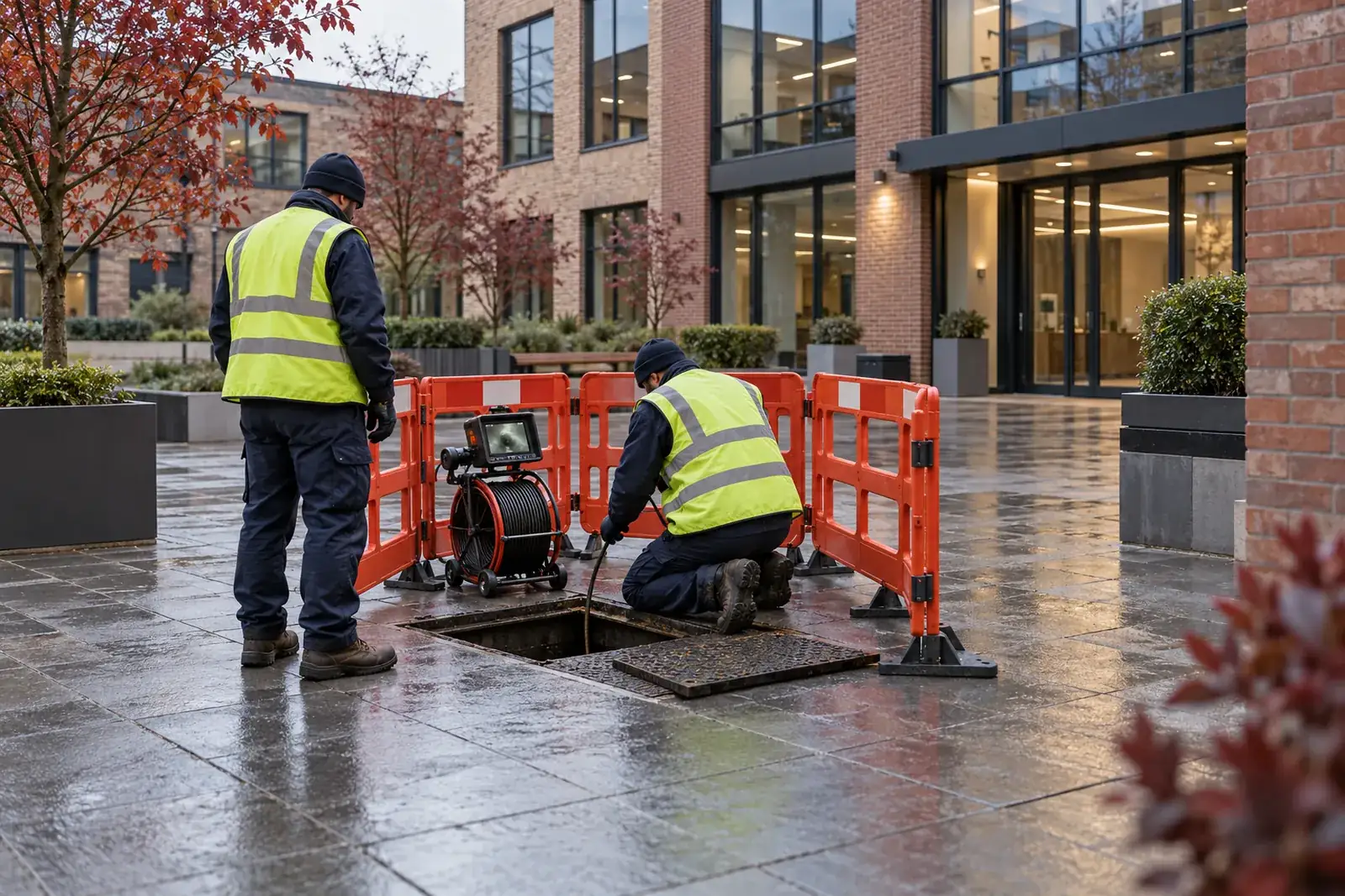 Drainage technicians inspecting a protected chamber in a London business courtyard
